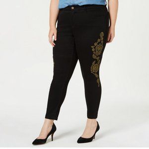 YSJ Skinny Jeans Plus Size Women Mid Rise Embroidered Ankle Denim Black 14W